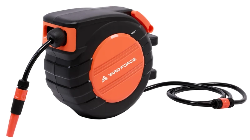 Yard Force HW HR20A Automatic Hose Reel 20 m - Wall Mounted 180° Swivel, Auto-Rewind, 8 Bar Operating Pressure, Includes Multi Spray Nozzle & ½/¾ Inch Tap Adapter