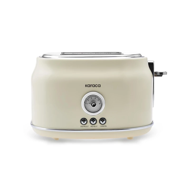 Karaca Retro 2 Slice Toaster Cream, 815w Cream – Stainless Steel Toaster with Adjustable Browning, Defrost, Reheat & Crumb Tray