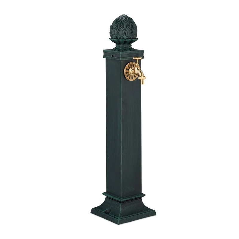 Relaxdays Column Fountain, Garden Water Featue, with Tap, 80 x 18.5 x 22 cm, Standing Patio Ornament, Floor Mount, Green