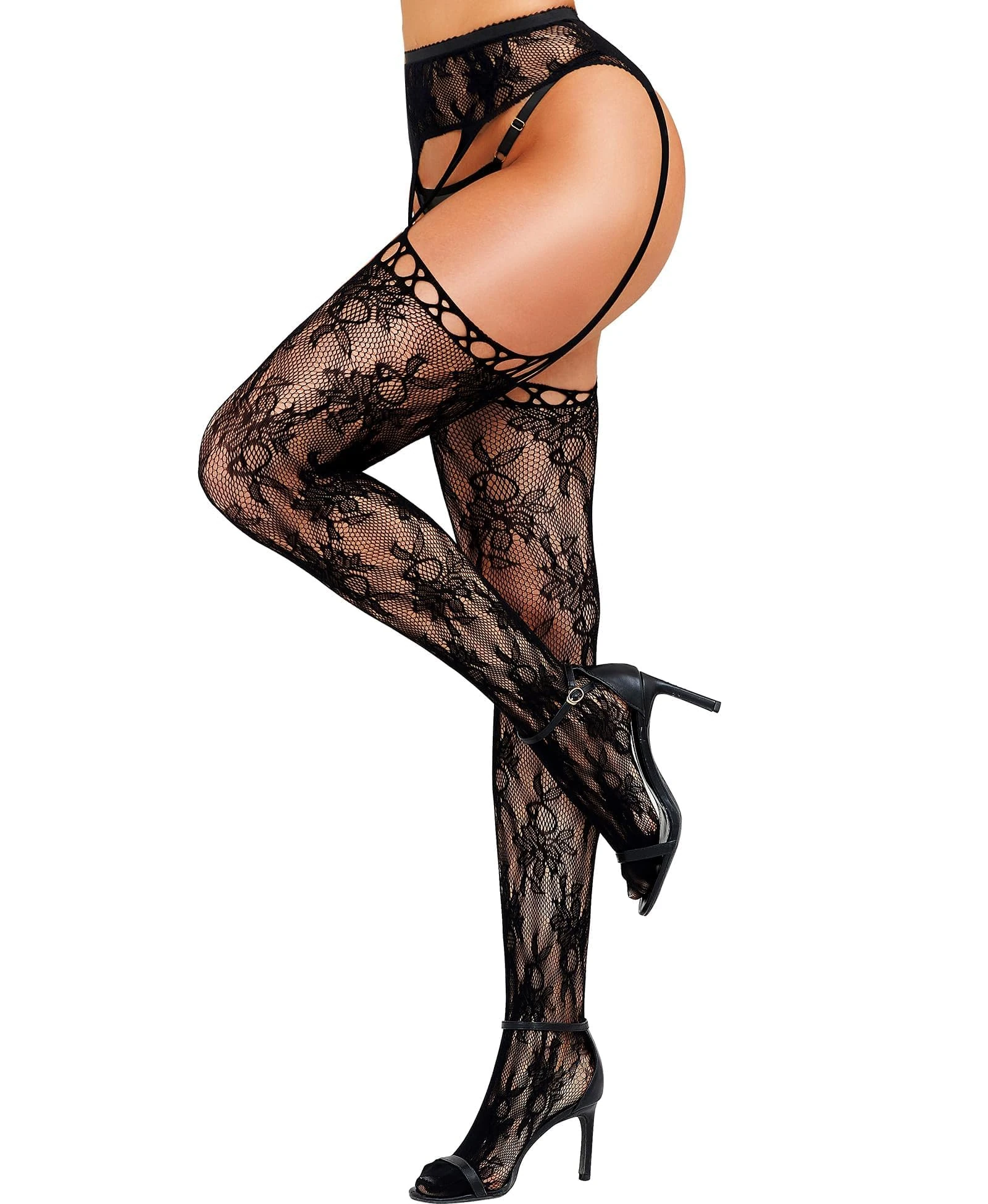 RSLOVE Women's Suspender Tights Lace - Sexy Floral Fishnet Stockings with Garter Look for Romantic Nights Black One Size