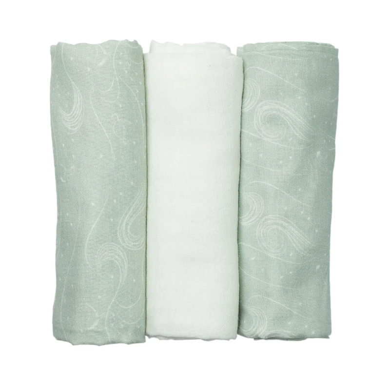 Trois Kilos Sept - Set of 3 Baby Swaddles - 100% Cotton Muslin - Multi-Use - Quick Drying - Oeko-TEX® Standard 100 Certified - Sea Green - Ocean Motifs - 70 x 70 cm