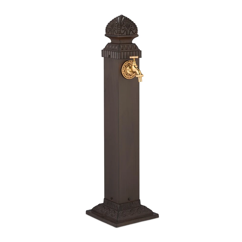 Relaxdays Column Fountain, Garden Water Feature, Golden Tap, 81x21x24.5 cm, Standing Patio Ornament, Floor Mount, Brown