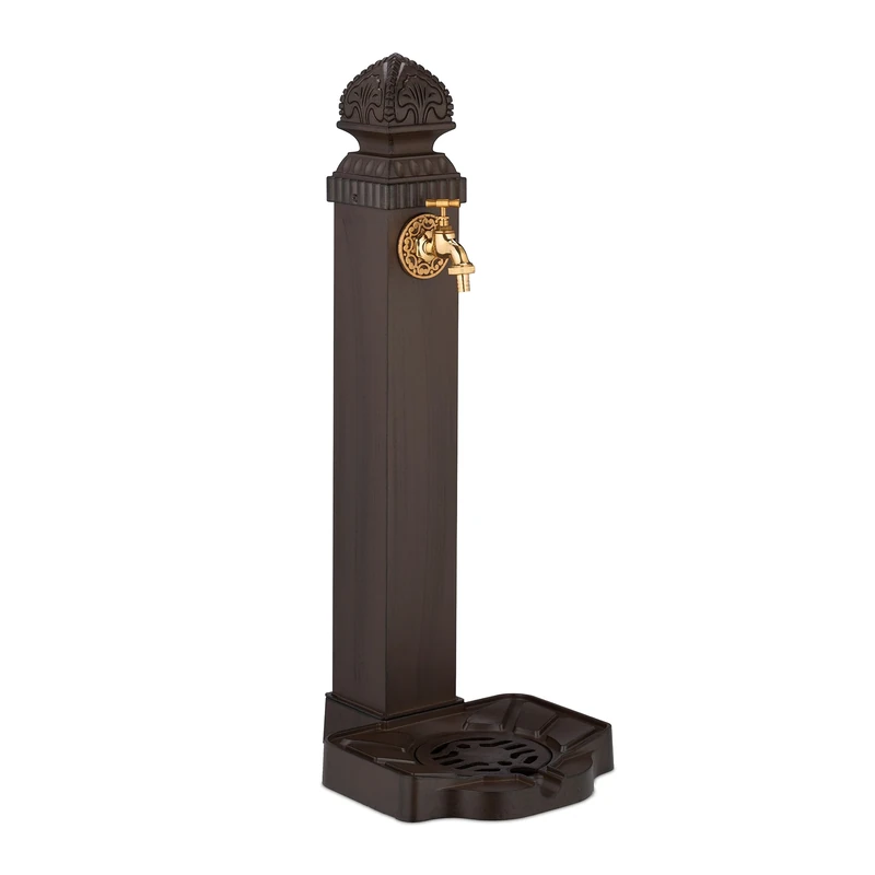Relaxdays Column Fountain, Garden Water Featue, with Tap & Basin, HWD: 77 x 29 x 33.5 cm, Standing Patio Ornament, Brown