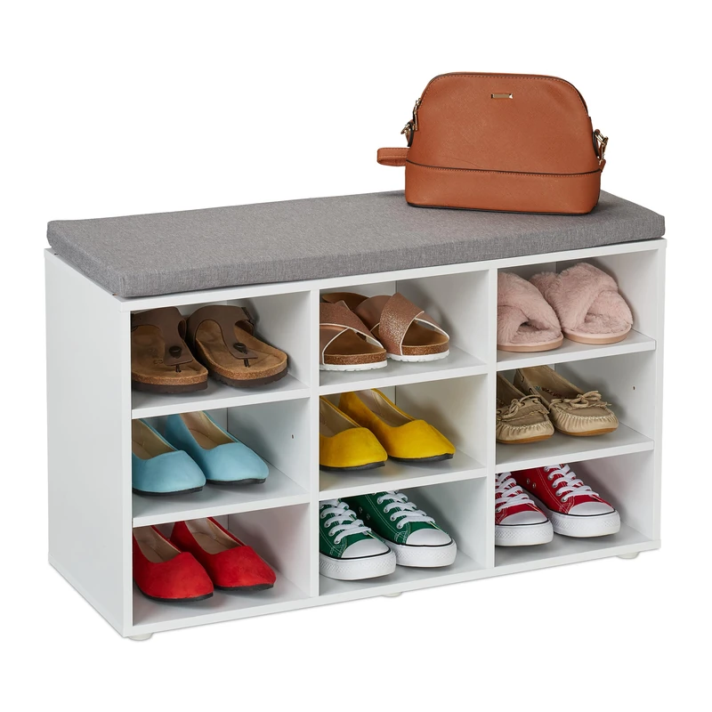 Relaxdays Shoe Bench, Padded Seat, HWD: 48 x 78.5 x 30 cm, for Hallway, Wardrobe, Bedroom, Footwear Storage, White/Grey, 20% Foam, 10% Polyester, 70% Fibreboard - Image 1