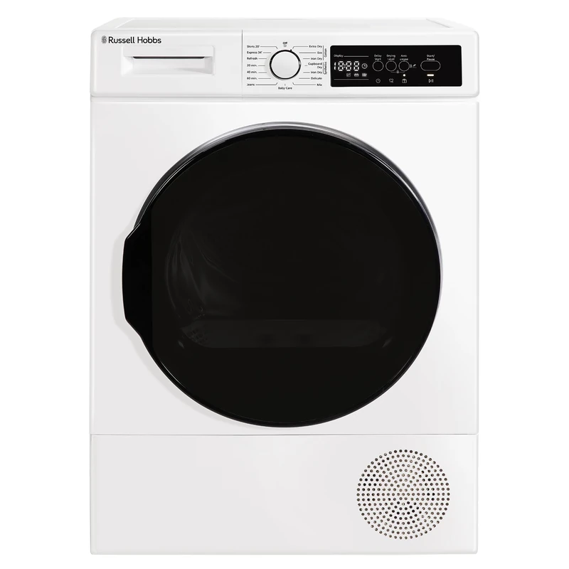 Russell Hobbs Freestanding Electric Heat Pump Condenser Tumble Dryer, 8kg Capacity, 15 Programmes, 3 Heat Settings, LED Display, Anti-Crease, Child Lock in White RH8HPTD1E12W