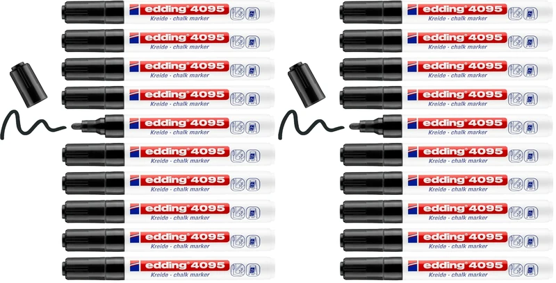 edding 4095 chalk marker - black - 10 chalk pens - round tip 2-3 mm - medium-tipped wet wipe pen for chalkboards, windows, glass, mirrors - liquid chalk marker pens for opaque coverage (Pack of 2) - Image 1