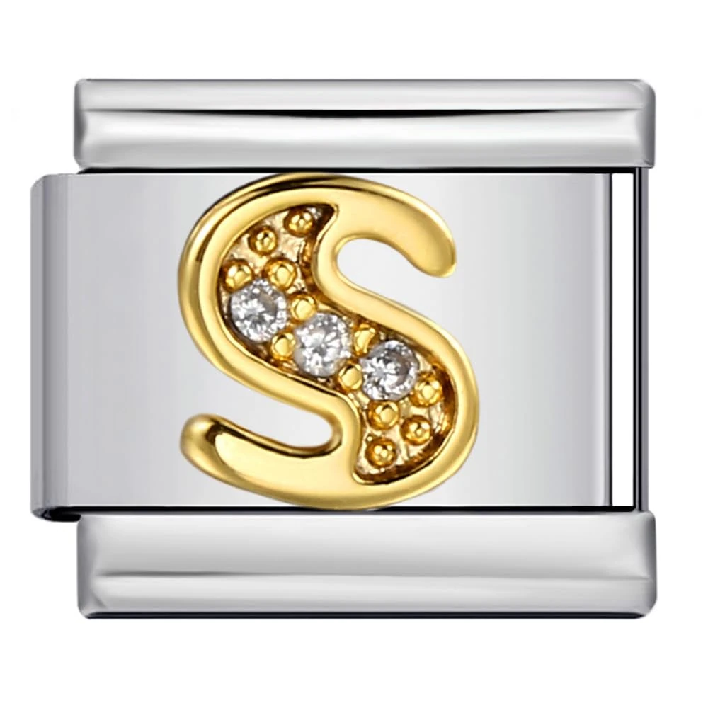 Mon & Sons S Crystal 18k Letter Initial Name Tag Alphabet Personalised Birthday Silver Italian 9mm Link Stainless Steel Bracelet Charm Compatible With 9mm Link