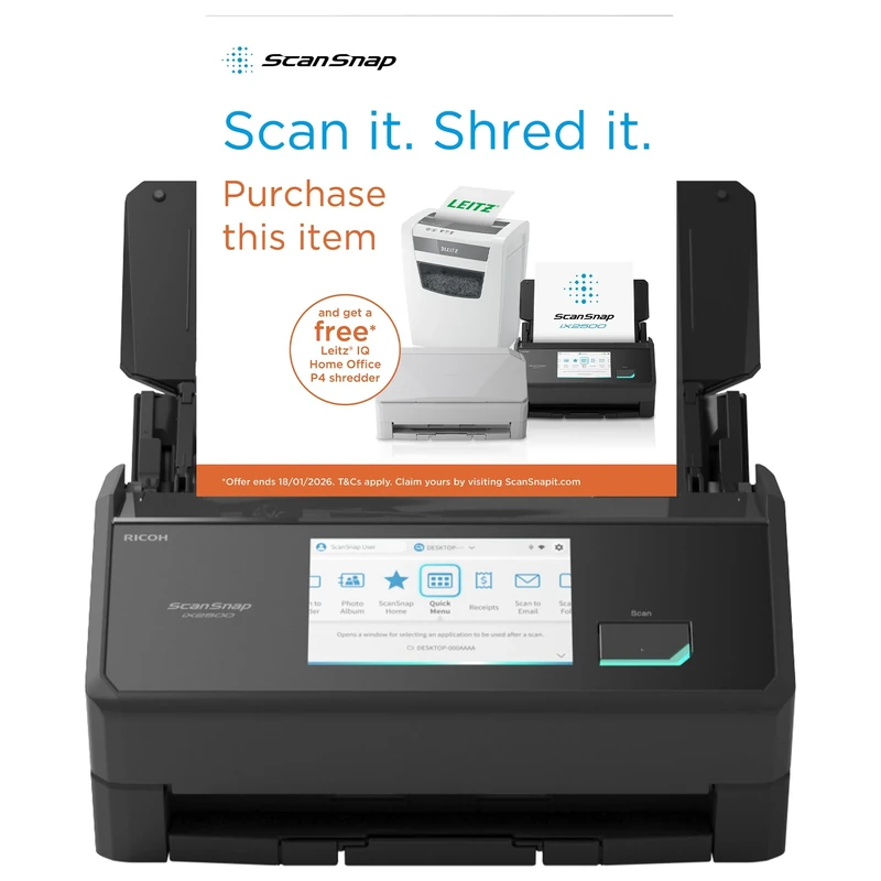 ScanSnap iX2500 Black – Ultra High Speed 45 ppm/90 ipm Duplex Scanner, 100‑Sheet ADF, 600 dpi Optical, 5″ Touchscreen, Wi-Fi 6-Bluetooth-USB 3.2 Gen 1×1 Multi‑Device Connectivity