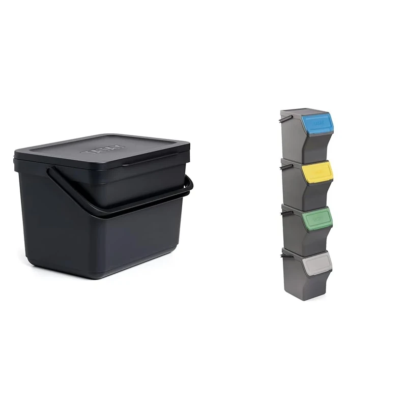 TATAY Kitchen Bin Set | 1 Smart Food Waste Caddy 6L Black Without Bracket + 4 Easy Waste Recycling Bins 20L Grey | Compact & Modular Design | Click-Lid System | Made from Recycled Material