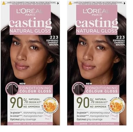 L’Oréal Paris Ammonia Free Semi-Permanent Hair Dye, 223 Brown Espresso, Glossy Hair Colour, Natural Looking Finish, For up to 28 Shampoo, Casting Natural Gloss, 1 Application (Pack of 2)