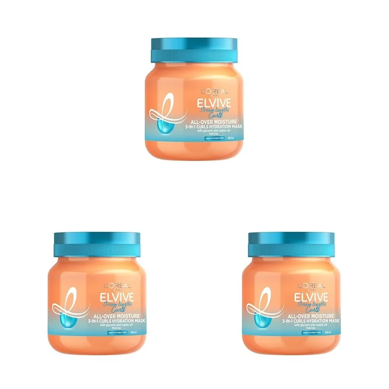 L'Oréal Paris Elvive Dream Lengths 3-in-1 Curls Hydration Mask, for wavy to curly hair (Pack of 3)