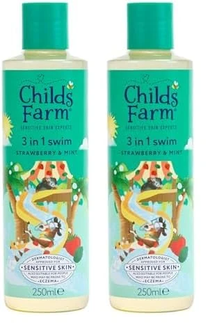 Childs Farm Kids 3 in 1 Swim, Strawberry & Mint - Body Wash, Shampoo & Conditioner | Tear-free | Suitable for Dry, Sensitive Skin, 250ml (Pack of 2)