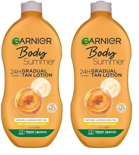 Garnier Summer Body Gradual Tan Moisturiser Light, For A Radiant Sun Kissed Glow, Suitable For Face & Body, 24 Hour Hydration & A Natural Even Tan, Fast Absorption, Vegan Formula, 400ml (Pack of 2)