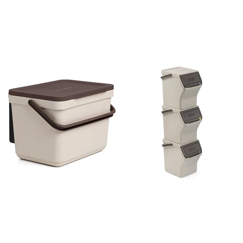 TATAY Kitchen Bin Set | 1 Smart Food Waste Caddy 6L with Bracket and Screws + 3 Easy Waste Recycling Bins 20L Ecohome | Compact & Modular Design | Click-Lid System | Made from Recycled Material