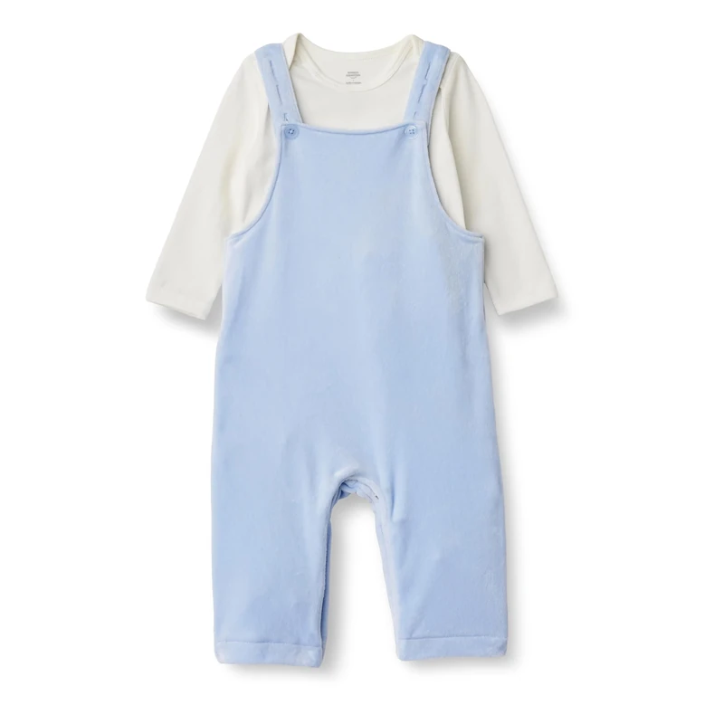 Amazon Essentials x Sofia Grainge Unisex Babies' Velour Overall and Long-Sleeve Bodysuit Set, Pack of 2, Ivory/Light Blue, 6-9 Months