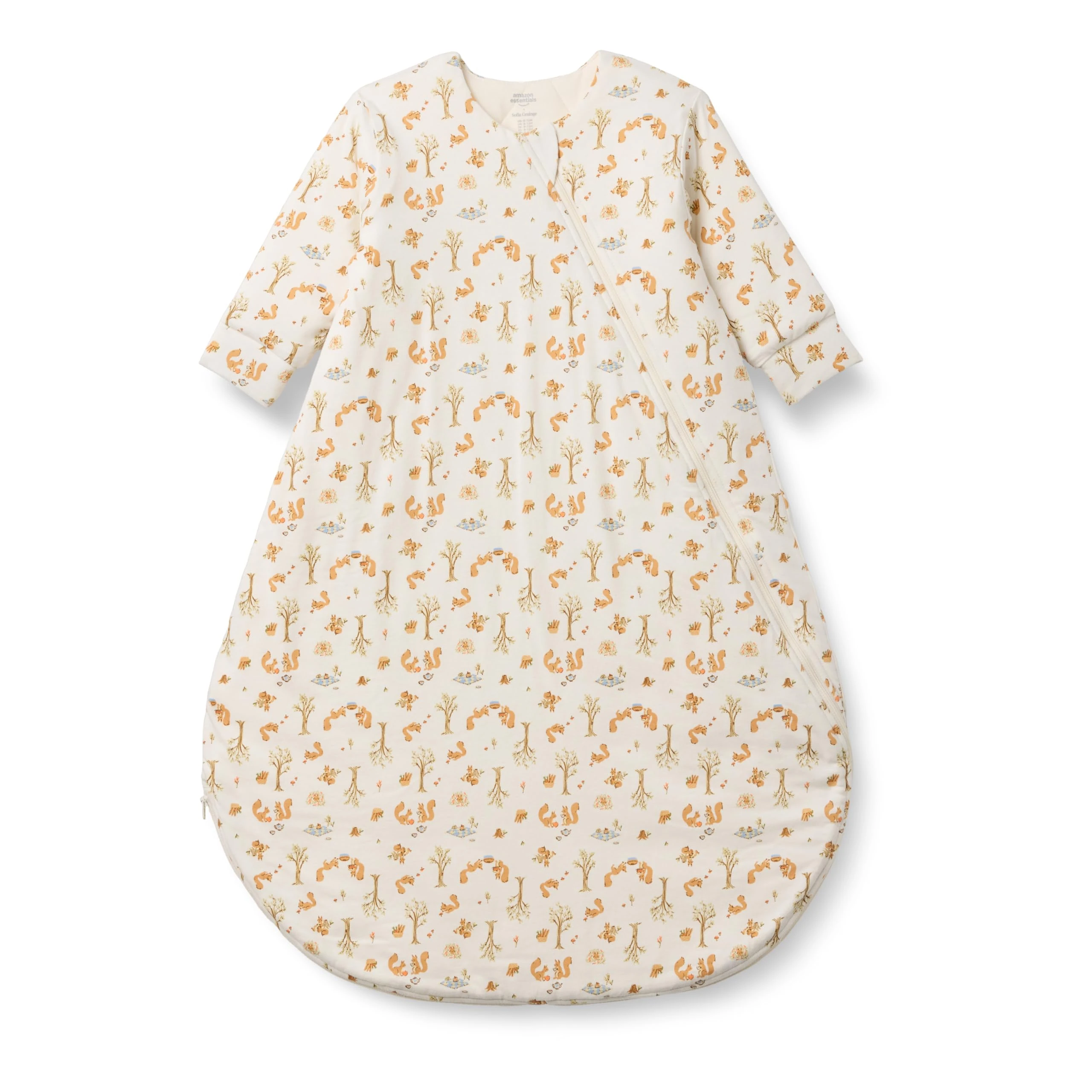 Amazon Essentials x Sofia Grainge Unisex Babies' Cotton Long Sleeve Sleep Sack, 2.5 TOG Wearable Blanket, Ivory Squirrel Picnic, 6-12 Months