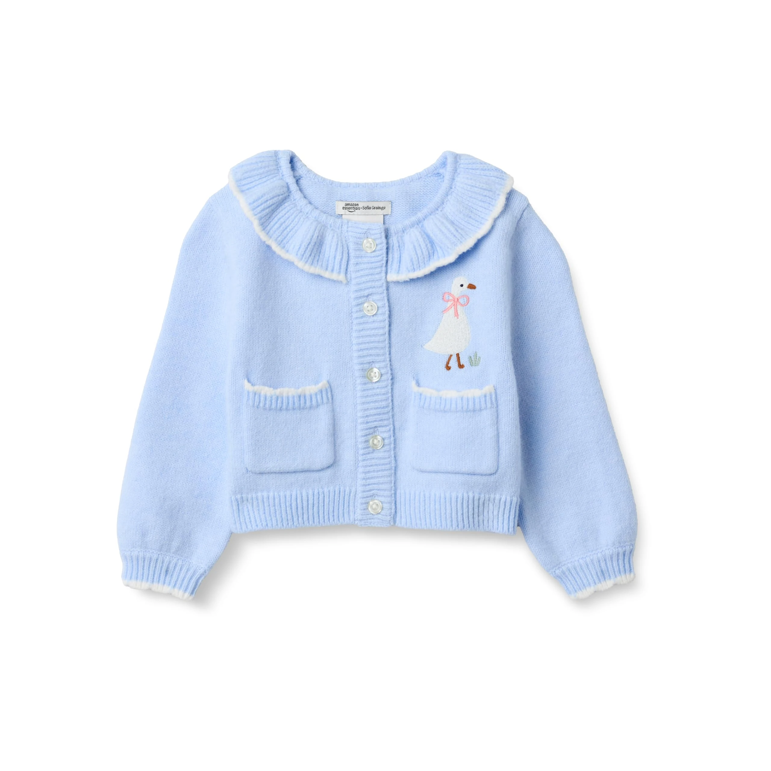 Amazon Essentials x Sofia Grainge Girls' Cardigan Jumper, Light Blue Goose, 4 Years