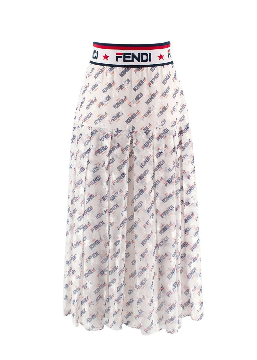 FENDI Pre-Loved White Fendimania Print Silk Pleated Midi Skirt X Fila
