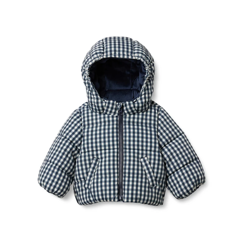 Amazon Essentials x Sofia Grainge Baby Boys' Water-Resistant Hooded Puffer Jacket, Navy Ivory Gingham, 24 Months