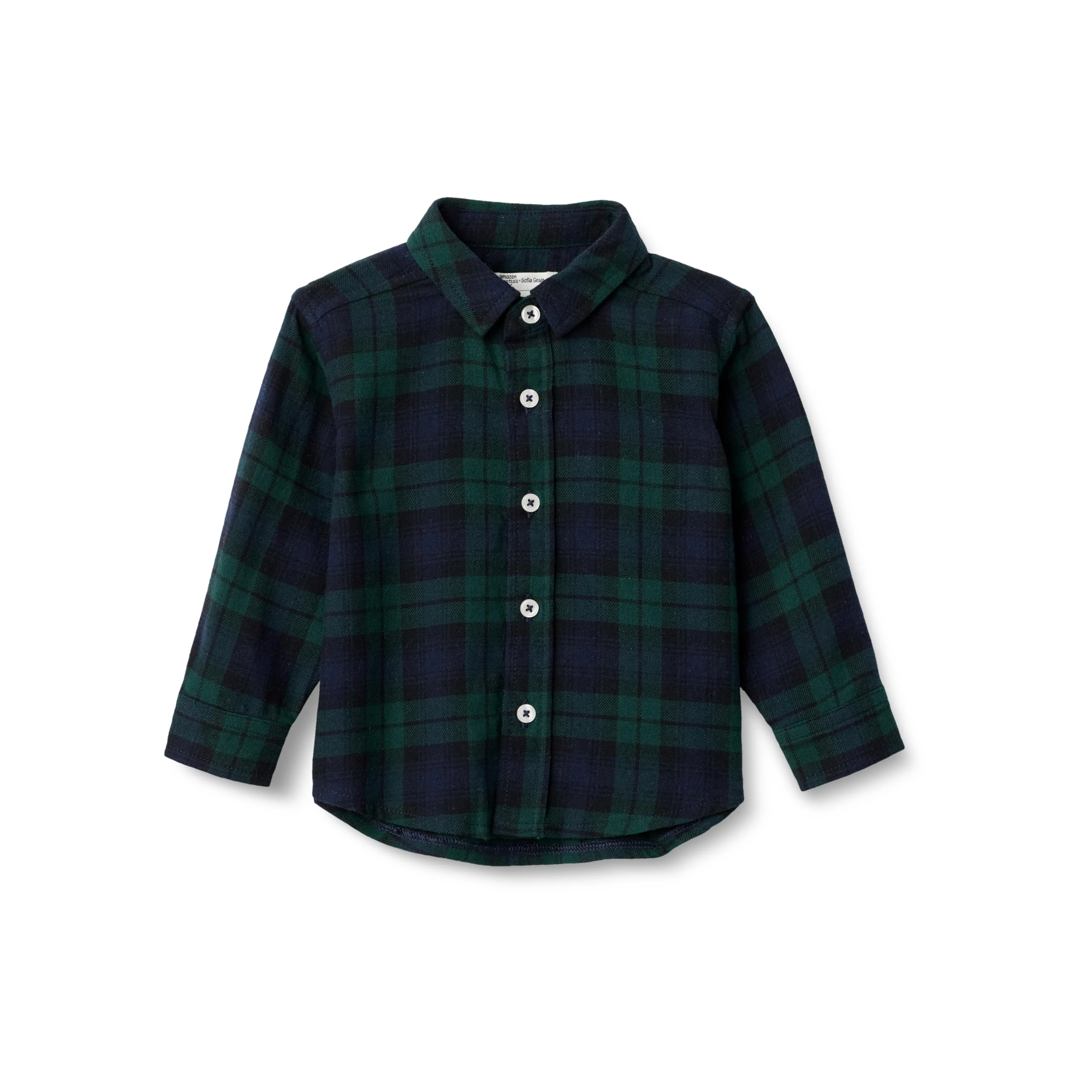 Amazon Essentials x Sofia Grainge Baby Boys' Button Down Plaid Flannel Shirt, Dark Emerald Green Deep Blue Plaid, 18 Months