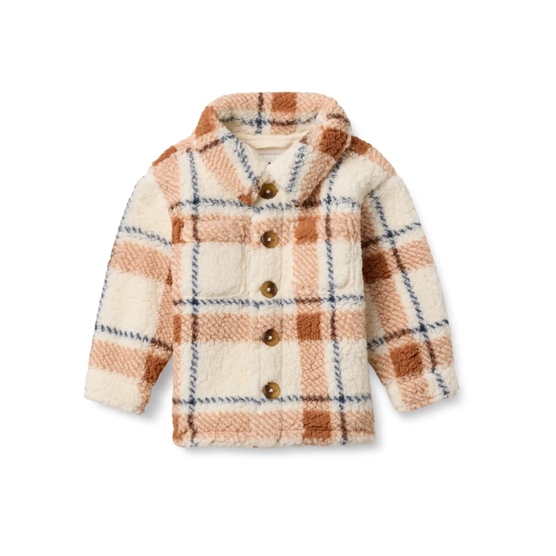 Amazon Essentials x Sofia Grainge Baby Boys' Sherpa Overshirt Jacket, Ivory Caramel Light Simple Plaid, 24 Months