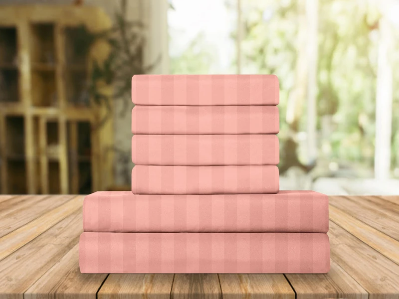 Elegant Comfort Luxury Soft Bed Sheets Dobby Stripe 1500 Premium Hotel Quality Microfiber Softness Wrinkle and Fade Resistant (6-Piece) Bedding Set, Queen, Stripe Peach Pink