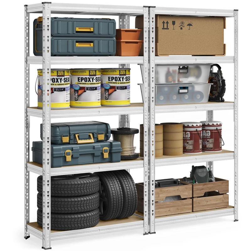 SONGMICS Heavy-Duty Storage Shelves, Set of 2, Garage Shelving Unit, 50 x 100 x 200 cm, Supports up to 875 kg, Easy Assembly, Storage Rack, Adjustable Shelves, Silver GLR447E02