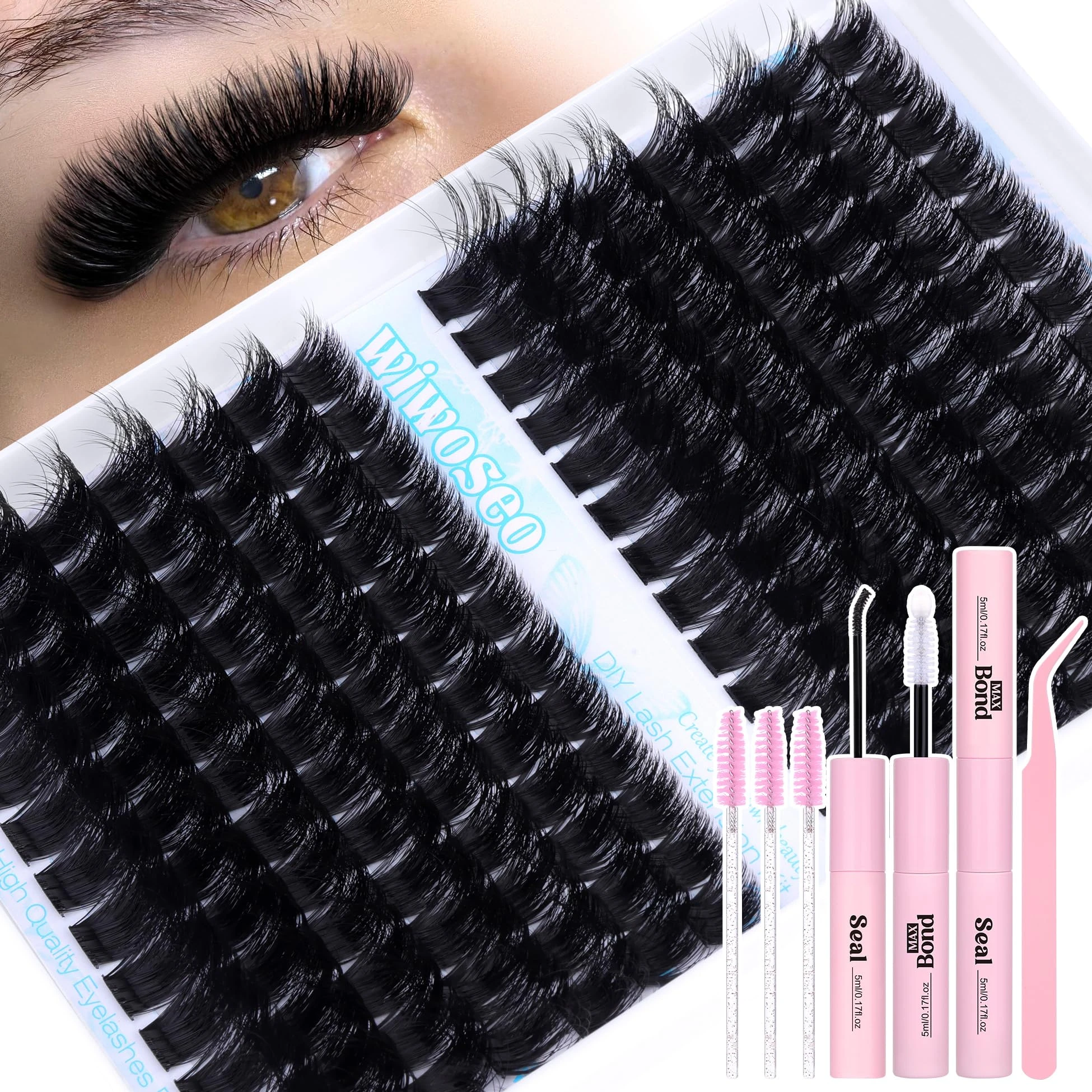 wiwoseo Fluffy Lash Cluster Lashes Kit Individual Eyelashes Clusters Eyelash Extensions 180D+200D Thick Volume Lash Extension Kit 10-18MM Fluffy Eyelashes Individual Kit with Bond and Seal Lash Glue