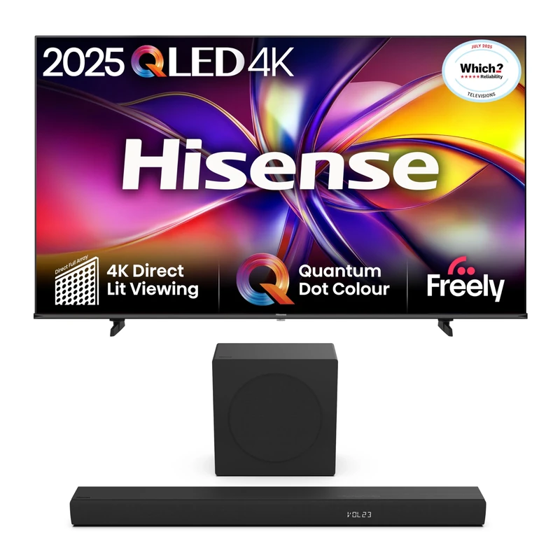 Hisense TV & Soundbar Bundle: 43E78QTUK QLED TV plus the HS3100 Soundbar – the perfect match for small spaces, big impact.