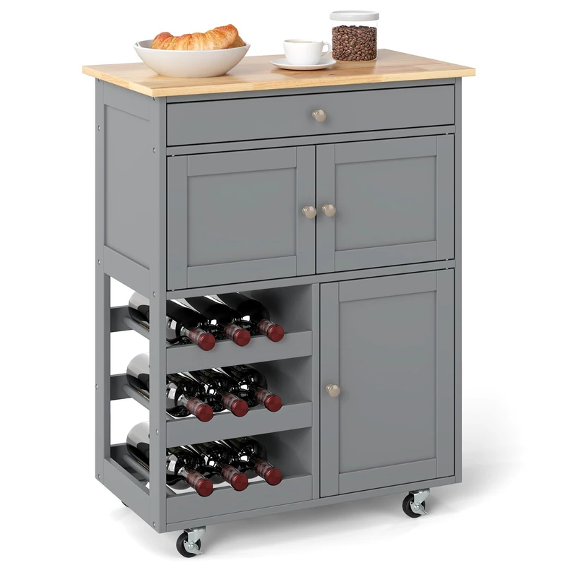 FANTASK Kitchen Trolley on Wheels, Wooden Kitchen Cabinet with Drawers & 3-Tier Wine Rack & Worktop, Serving Trolley, Side Trolley (Grey) - Image 1