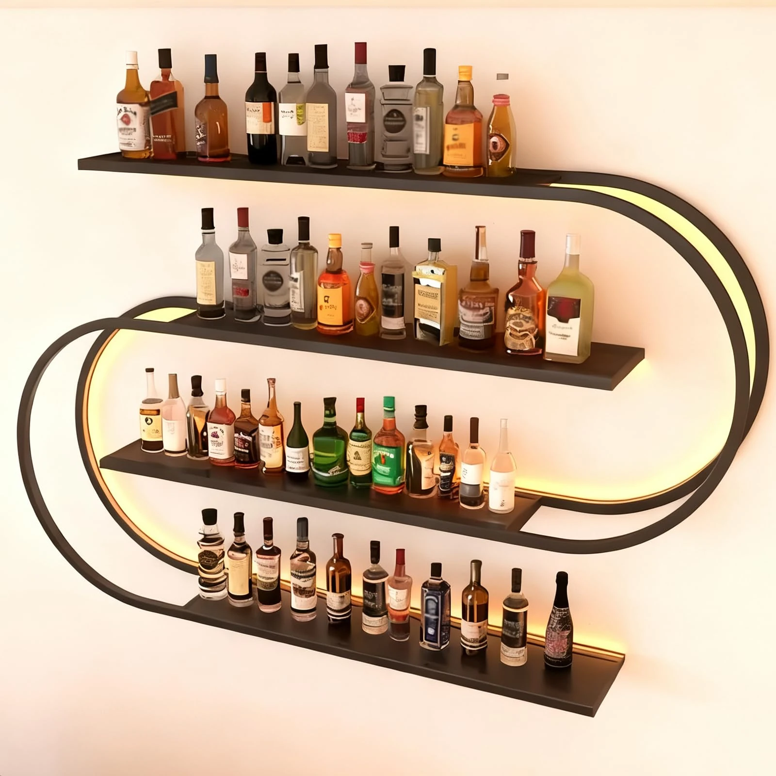 RAJYQODIS Wall Mounted Wine Rack, Floating Bar Shelves 4-Tier，Industrial Metal Bottles Display Storage Shelf, for Home Bar Dining Room Decor, Black (200CM)