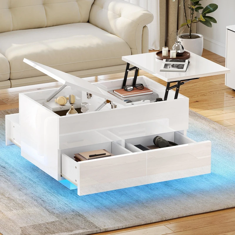 YITAHOME Lift Top Coffee Table High Gloss, White Coffee Table with Hidden Storage Compartment and 4 Drawer, Centre Table with RGB LED Lights, Tea Table for Living Room, 80 x 55 x 46 cm