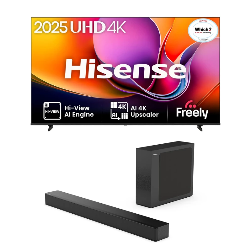 Hisense TV & Soundbar Bundle: 85A6QTUK 4K TV plus the HS2100 2.1 Channel Soundbar – brilliant 4K detail with punchy bass for a well-rounded setup.