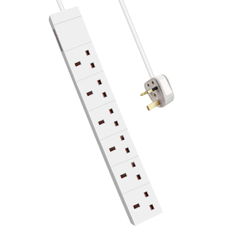 ExtraStar 2/4/6 Way Power Strips 13A Extension Lead UK Plug with LED Indicator and Side Switch (White, 6 Way 0.8M)
