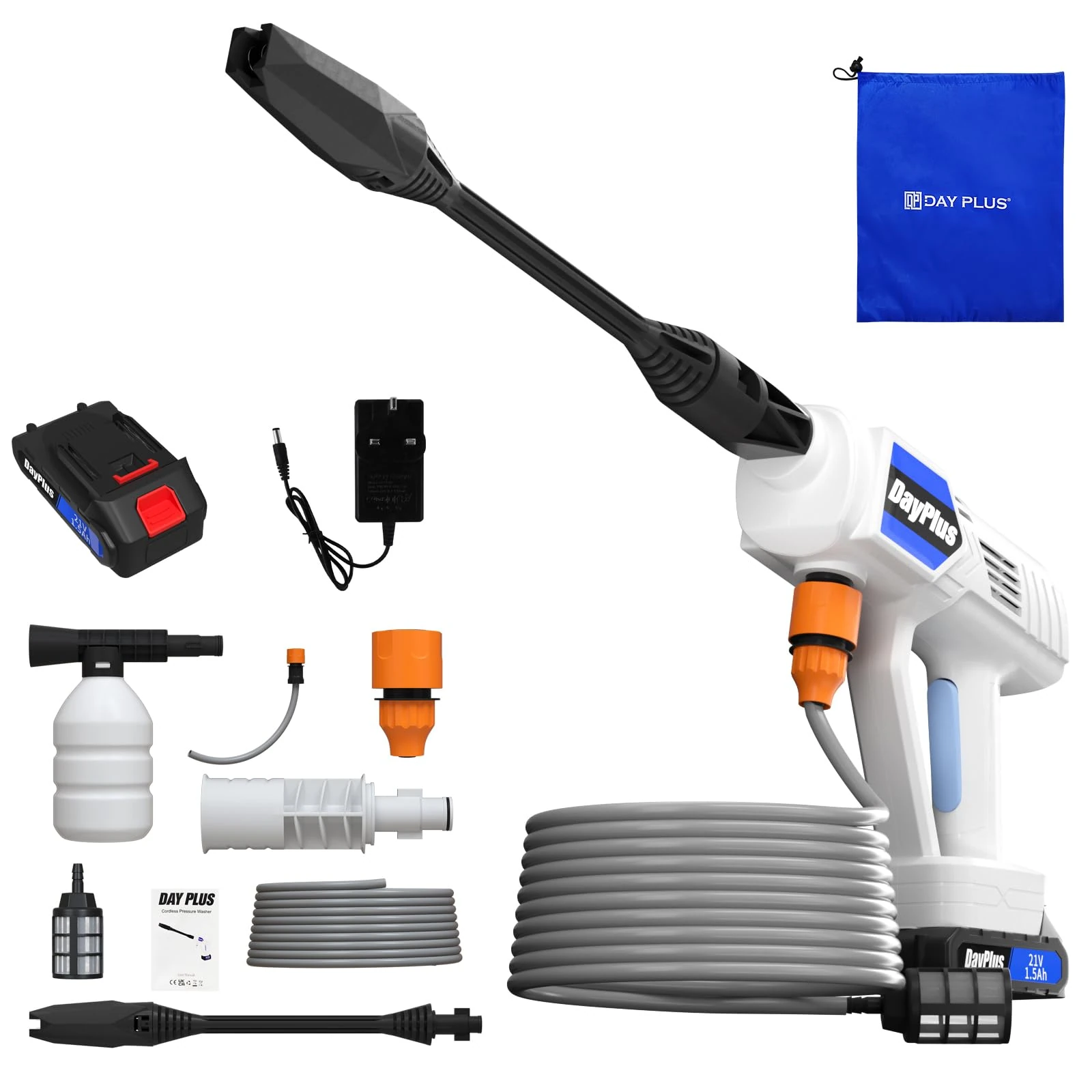 Cordless High Pressure Washer Electric High Power Jet Wash Patio Car Cleaner 21V with 1x1.5Ah Battery 300 Bar