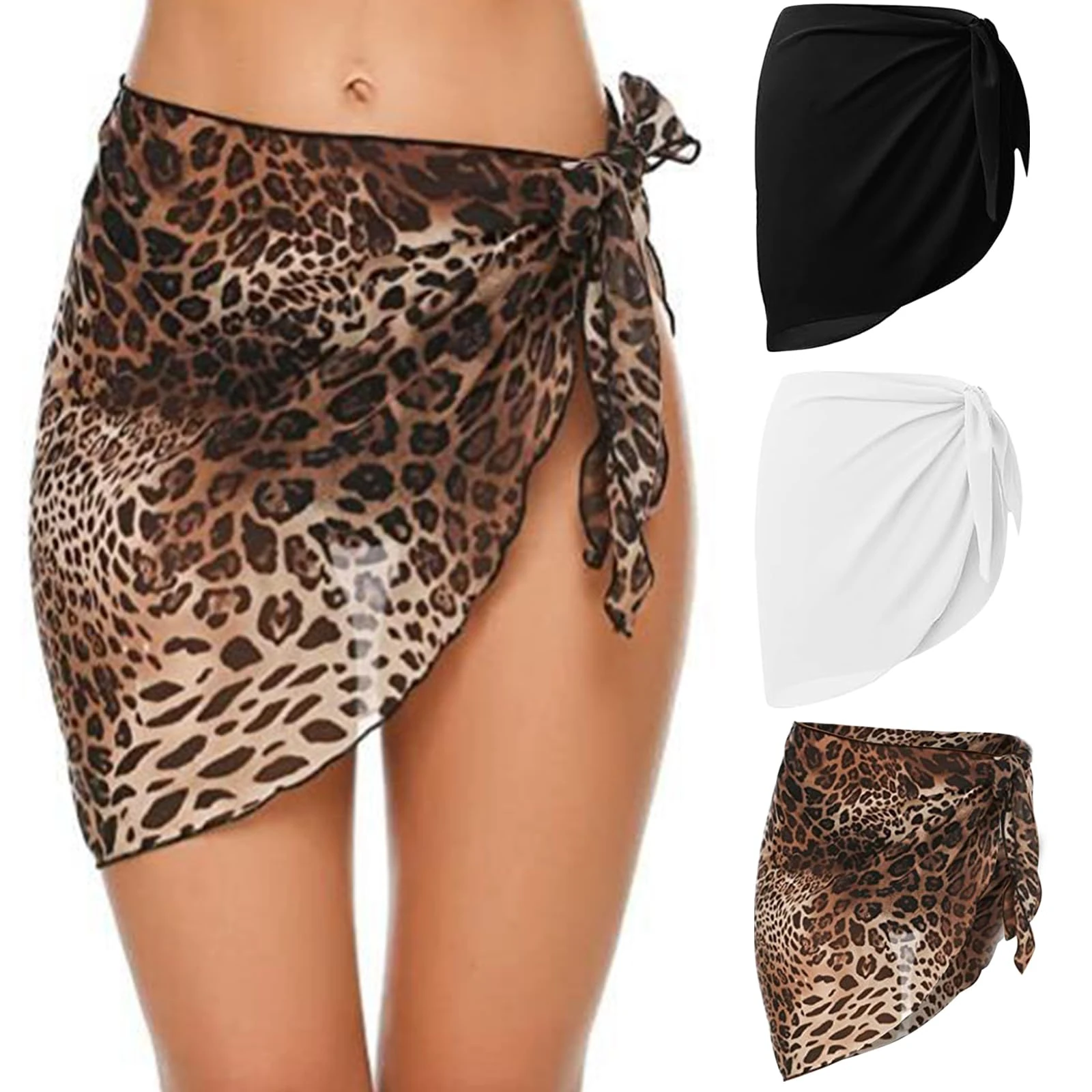 DAVBNM 3 Pcs Women Beach Wrap, Short Sarongs and Wraps Bikini Cover Up Black Chiffon Swimsuit Sarong Skirts for Beachwear Swimwear