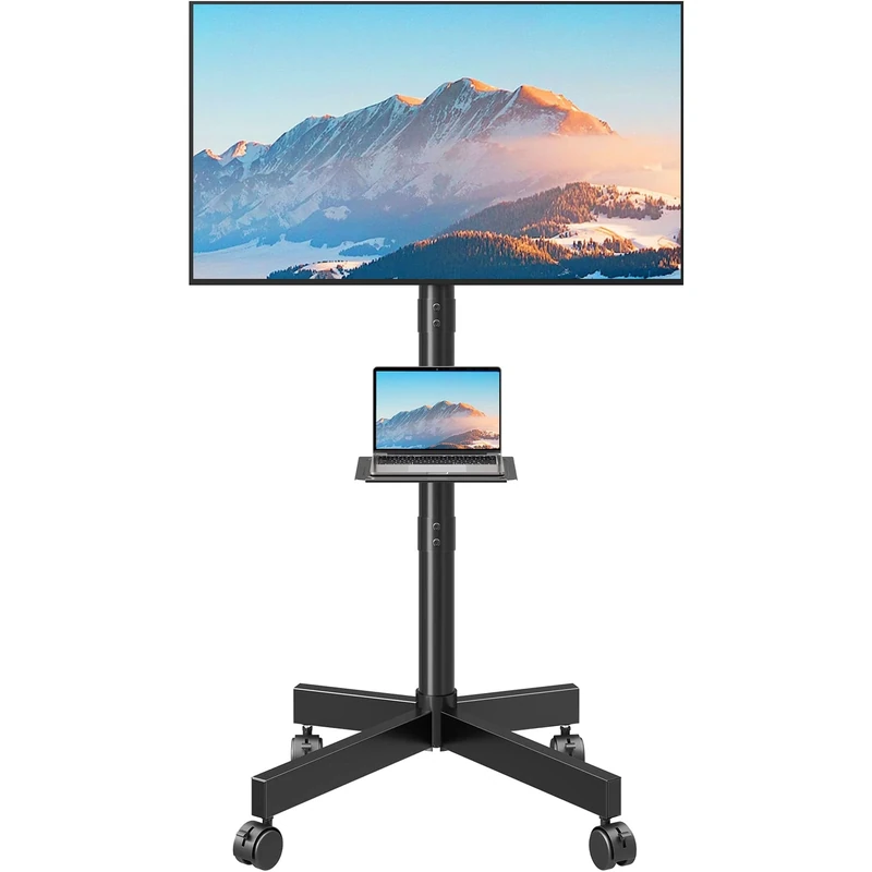 MOUNTUP Mobile TV Stand on Wheels, Rolling TV Cart for 23-65 inch TVs with Media Shelf, Height Adjustable TV Mount Stand with Tilt, Holds 35kg, Max VESA 400x400mm, EU1117B