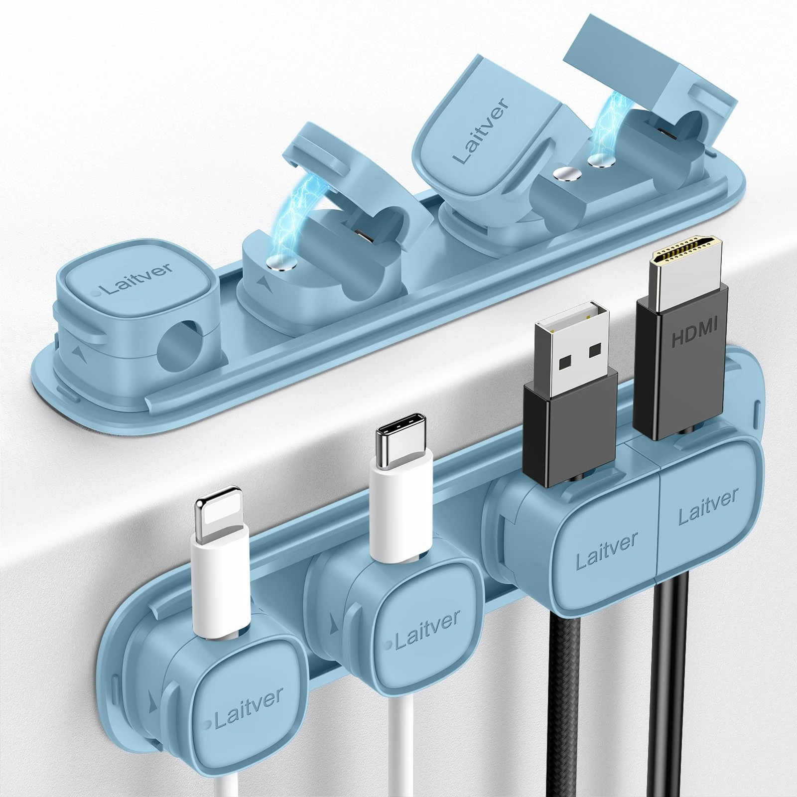 Cable Clips Holders - Laitver 6 Pack [Magnetic Buckle 1s Open/Lock] Cable Tidy Cord organiser Management, No-residue Strong Adhesive Desk Wire Charging Cords Keeper for Home, Office- Peak Blue