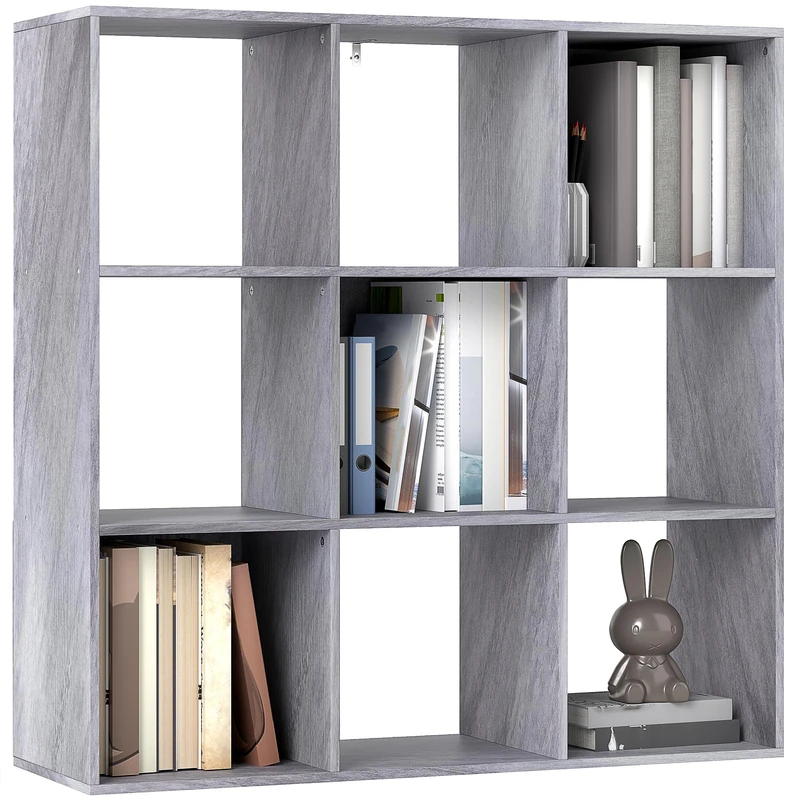 HOMCOM 3 Tier Bookshelf, Modern Cube Bookcase with 9 Open Storage Compartments, Freestanding Display Storage Unit for Living Room, Bedroom, Study, Marble Grey