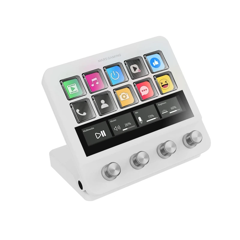 Mars Gaming MSD-PRO, Control Deck, 10 Customizable LCD Keys and 4 Dials, Extended Animated Touchscreen, Adjustable Base, Control Software, USB Hub with 2x USB 3.0 + 1x USB-C, White
