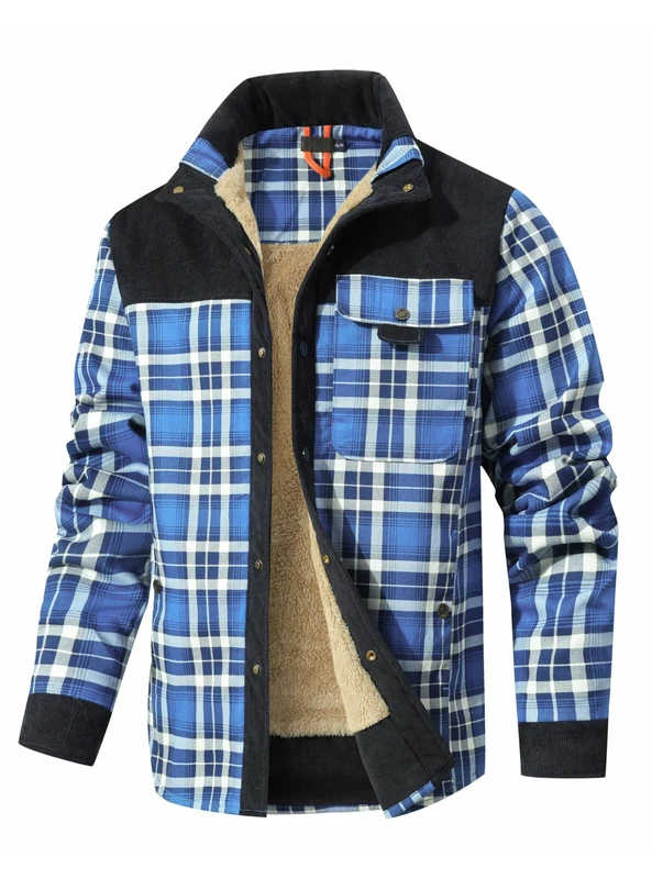 HYPESTFIT Mens Jacket Flannel Fur Lined Button Warm Lumberjack Fleece Padded Long Sleeve Casual Blue XL