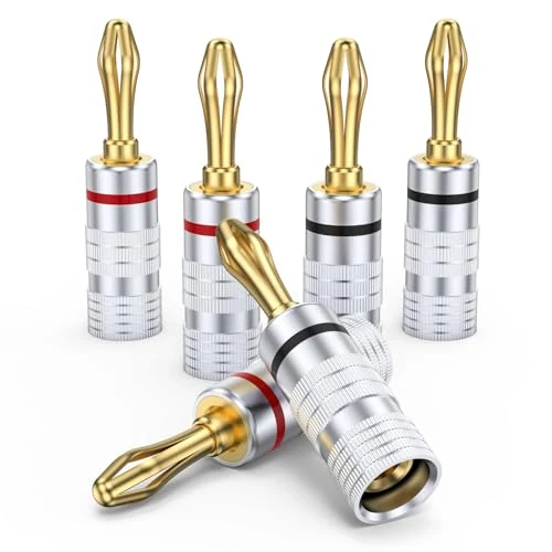 MOSWAG Banana Plugs with Double Adjusting Screws, Black and Red Aluminum Sheath, 3 Pairs