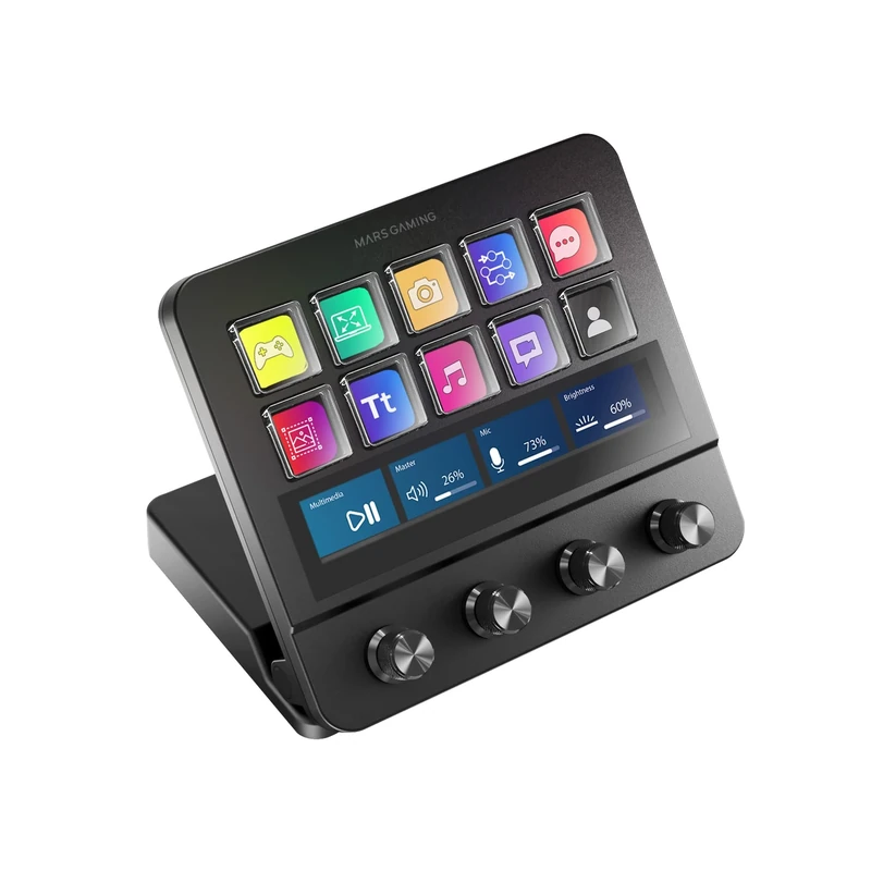 Mars Gaming MSD-PRO, Control Deck, 10 Customizable LCD Keys and 4 Dials, Extended Animated Touchscreen, Adjustable Base, Control Software, USB Hub with 2x USB 3.0 + 1x USB-C, Black