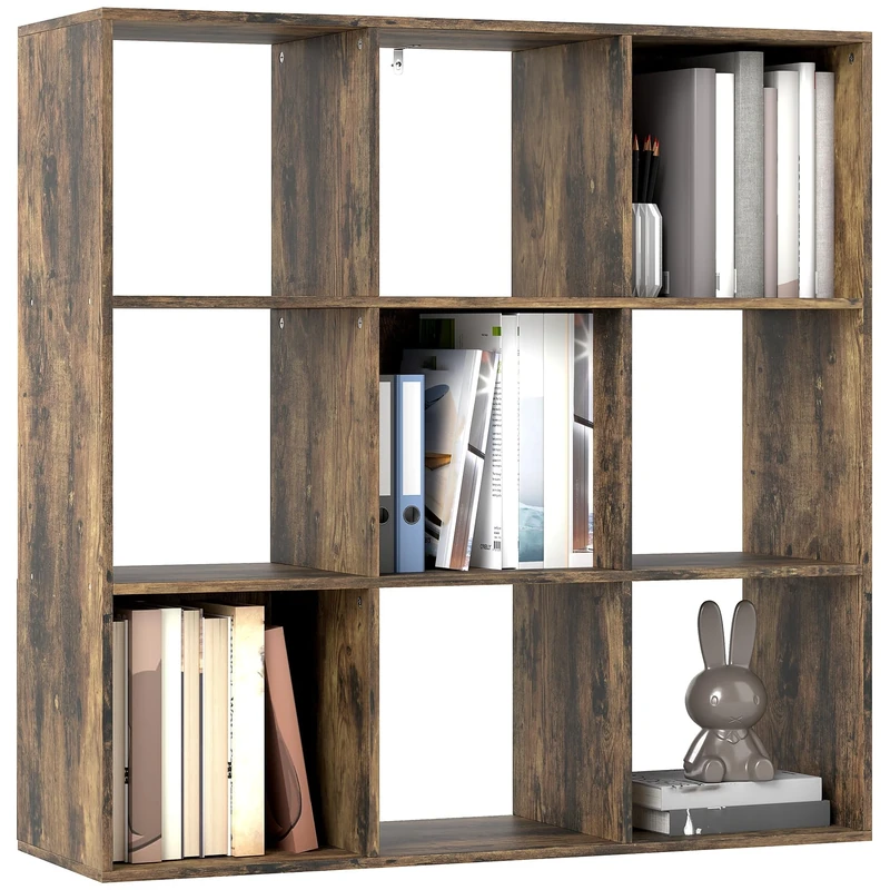 HOMCOM 3 Tier Bookshelf, Modern Cube Bookcase with 9 Open Storage Compartments, Freestanding Display Storage Unit for Living Room, Bedroom, Study, Rustic Brown