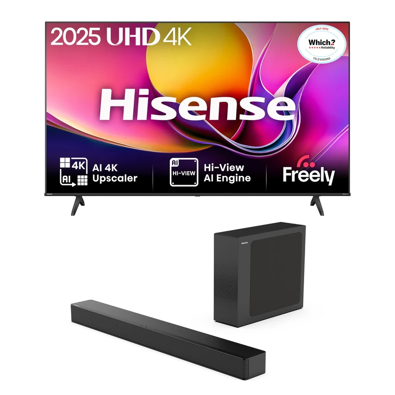 Hisense TV & Soundbar Bundle: 58E6QTUK 4K TV plus the HS2100 Soundbar – stylish design with clear visuals and powerful audio