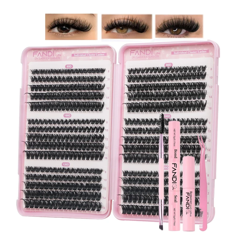 Individual Eyelashes Cluster Lashes Kit 80+100D+120D Clusters Eyelash Extensions 520Pcs DIY Lash Extension kit Russian D Curl Lashes Individual Cluster with Lashes Glue Bond & Seal and Remover(C06KIT)