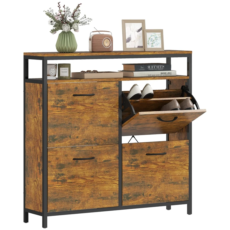 HOMCOM Narrow Shoe Cabinet with 4 Flip Drawers, Industrial Slim Shoe Storage Cabinet with Open Shelf and Adjustable Shelves for Hallway, Entryway, Holds 12-20 Pairs, Rustic Brown