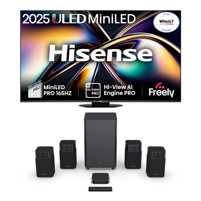 Hisense TV & Soundbar Bundle: 55U8QTUK Mini-LED TV plus the HT SATURN Soundbar – the perfect match of Mini-LED technology and deep surround sound