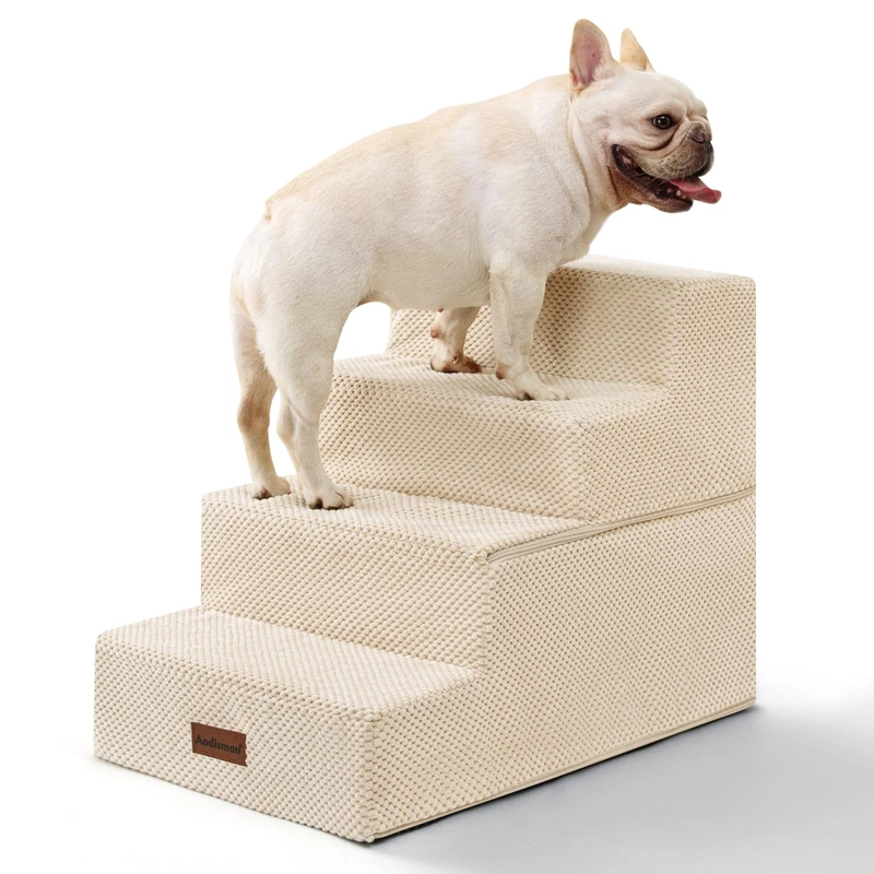Aodisman Dog Stairs for Bed 18.5" H, 4-Step Dog Steps for Small Dogs and Cats, Indoor Non-Slip Balanced Pet Stairs are Suitable for Puppy, Older Cat,Beige
