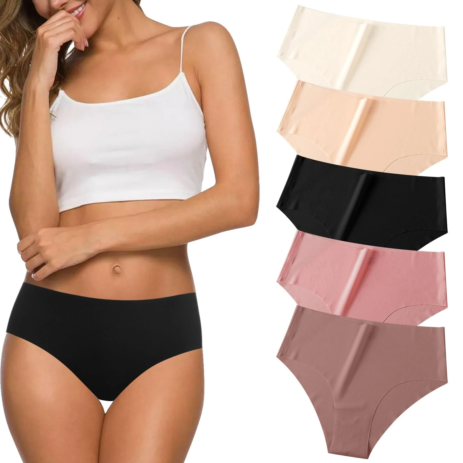Risipu 5 Pack Seamless Underwear for Women No Show Hipster Bikini Panties Mid Rise Cheeky Breathable Soft Invisible Briefs (UK, Alpha, M, Regular, Regular, 5 Color Packs)